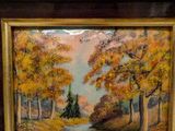 an oil painting of a forest scene with a river and trees