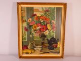 a painting of flowers in a vase on a table