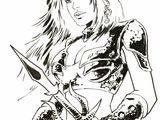 un dessin en noir et blanc représentant une femme armée d'une épée