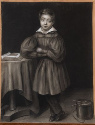 une peinture en noir et blanc représentant un jeune garçon debout devant une table