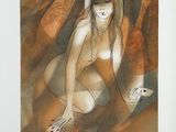 painting of a nude woman sitting on a rock with a dog
