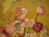 a painting of pink flowers in a vase on a table