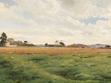 une peinture à l'huile d'un champ avec une maison au loin
