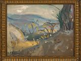 une peinture à l'huile représentant un paysage avec des arbres et des collines en arrière-plan