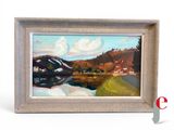 peinture à l'huile encadrée représentant un paysage avec une rivière et une maison