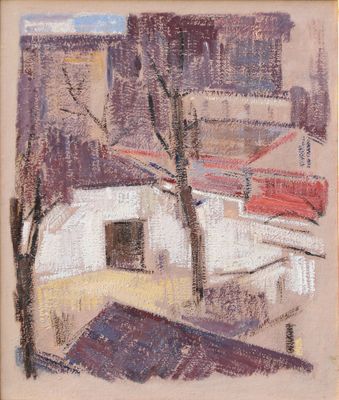 une image représentant une peinture d'un bâtiment avec un arbre au premier plan