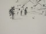 a drawing of a man and a dog in the street