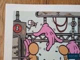 a card with a cartoon of two people in front of a gas station