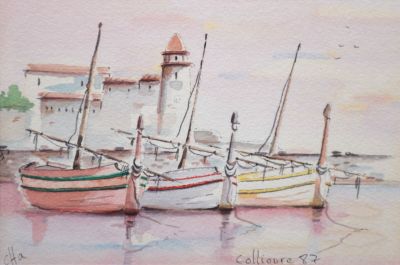 tableau représentant un groupe de bateaux amarrés dans un port, avec un phare en arrière-plan