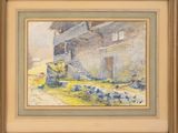une image d'une peinture représentant une maison dans un champ