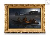 une peinture représentant un groupe de personnes dans un bateau sur l'eau