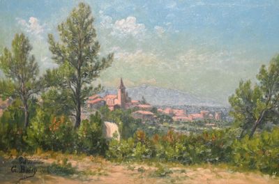 tableau représentant une vue d'une ville avec une église au loin
