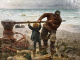 a painting of a man and a little girl on the beach