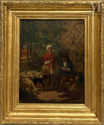 une image représentant un tableau où figurent un homme en manteau rouge et une femme en robe blanche