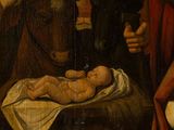 painting of a man holding a baby in a manger next to a woman and a man