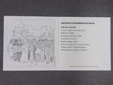 a black and white picture of a business card with a picture of a train