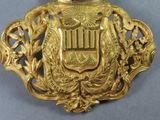 a gold brooch with a coat of arms on it