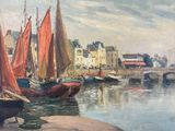 tableau représentant une scène portuaire avec des voiliers et un pont en arrière-plan