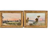 deux tableaux représentant un paysage avec une rivière et une ville au loin