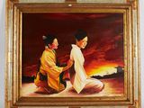 painting of a man and a woman sitting on the ground with a sunset in the background