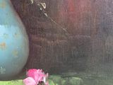 a painting of a blue vase with pink flowers in it