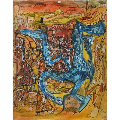 un tableau représentant un homme à cheval dans un champ