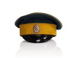 l'image d'un chapeau jaune et noir posé sur une surface blanche