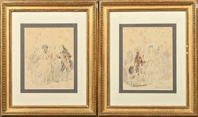 three framed drawings of people and a dog in a room