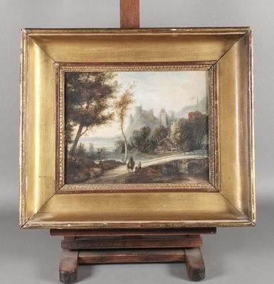 tableau représentant un paysage avec un homme et un chien sur un sentier