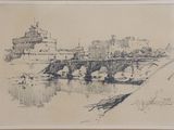 drawing of a bridge over a river with a castle in the background
