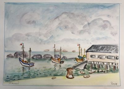 un tableau représentant des bateaux sur l'eau près d'un bâtiment