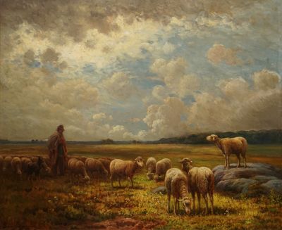 un tableau représentant un homme debout dans un champ avec un troupeau de moutons