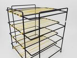 a black and yellow wire rack with four shelves