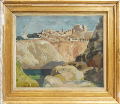 une image représentant une peinture d'un paysage rocheux avec des bâtiments en arrière-plan