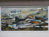 une peinture de bateaux sur le rivage d'une plage