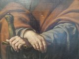 painting of a man holding a sword and wearing a red cape