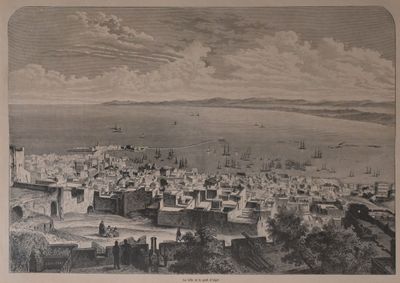 une vieille photo montrant une vue de la ville depuis le sommet d'une colline