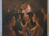 painting of a group of people in a room with a woman in the center