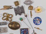 many different types of brooches on a white surface
