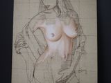 dessin représentant une femme nue sur une feuille de papier accrochée au mur