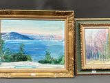 two paintings of a lake and a mountain in a gold frame