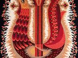 une tapisserie rouge et noire sur laquelle figurent deux oiseaux