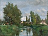 painting of a painting of a river with a house in the background