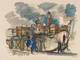 painting of a gondola with people on a bridge and a clock tower in the background