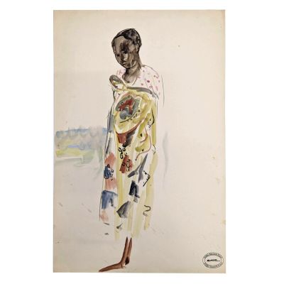 une aquarelle représentant une femme vêtue d'une robe colorée