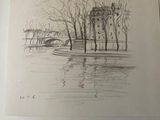 drawing of a house by the water with a bridge in the background