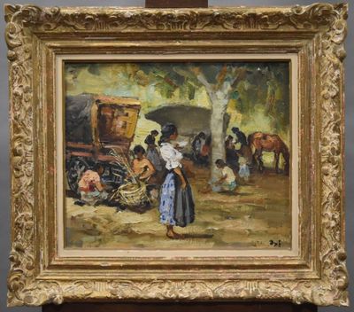 tableau représentant un tableau où figurent des personnes et des chevaux dans un champ
