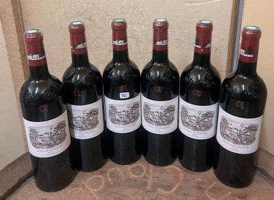 six bouteilles de vin rouge sont alignées