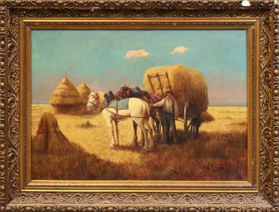 une peinture à l'huile représentant des chevaux tirant du foin dans un champ, avec des meules de foin en arrière-plan