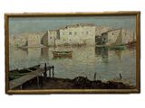 une image d'une peinture de bateaux dans un port avec des bâtiments en arrière-plan